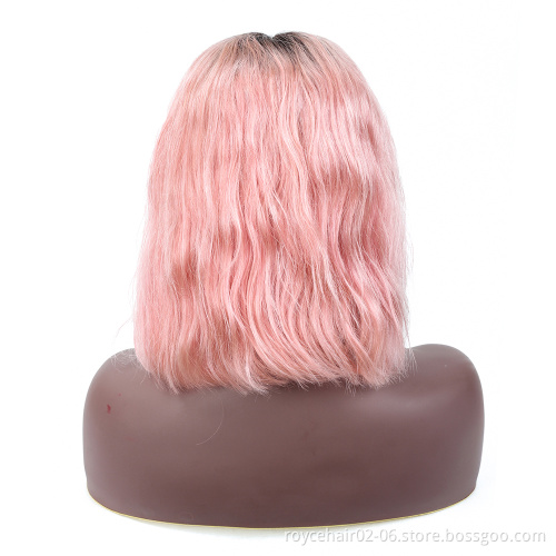 100% Brazilian Virgin Remy Human Hair Coloured Ombre Pink Short Body Wave Curly Blunt Cut Lace Front Bob Wig